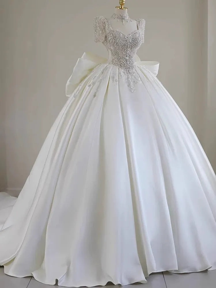 Sweetheart Short-Sleeve Ball Gown Wedding Dress with Lace Appliques, Beads & Oversized Bow