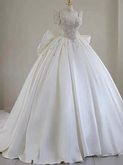 Sweetheart Short-Sleeve Ball Gown Wedding Dress with Lace Appliques, Beads & Oversized Bow
