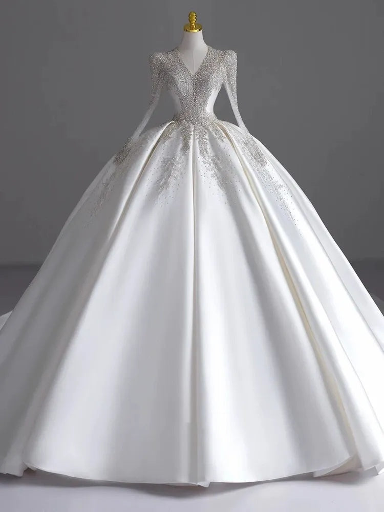 V-Neck Ball Gown with Long Sleeves and Jewel Appliques, Floor-Length Pleated Wedding Dress