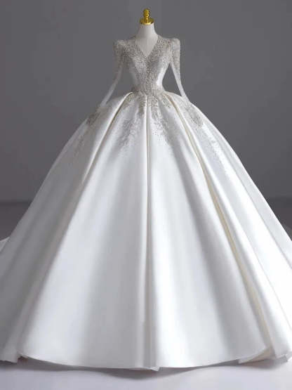 V-Neck Ball Gown with Long Sleeves and Jewel Appliques, Floor-Length Pleated Wedding Dress