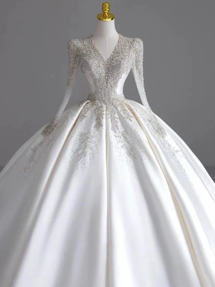 V-Neck Ball Gown with Long Sleeves and Jewel Appliques, Floor-Length Pleated Wedding Dress