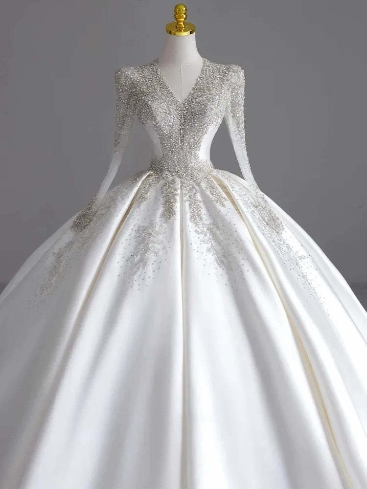 V-Neck Ball Gown with Long Sleeves and Jewel Appliques, Floor-Length Pleated Wedding Dress