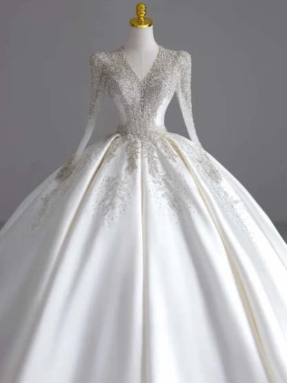 V-Neck Ball Gown with Long Sleeves and Jewel Appliques, Floor-Length Pleated Wedding Dress