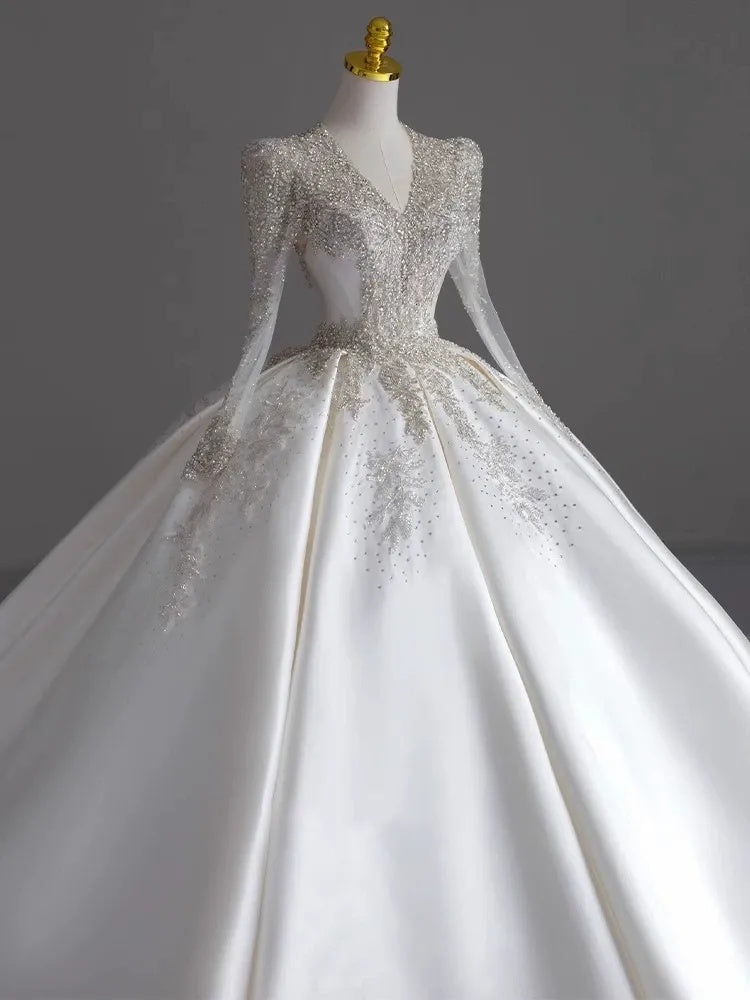 V-Neck Ball Gown with Long Sleeves and Jewel Appliques, Floor-Length Pleated Wedding Dress