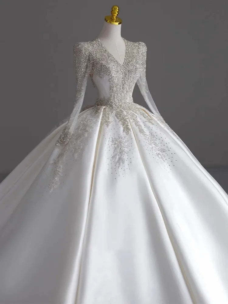V-Neck Ball Gown with Long Sleeves and Jewel Appliques, Floor-Length Pleated Wedding Dress