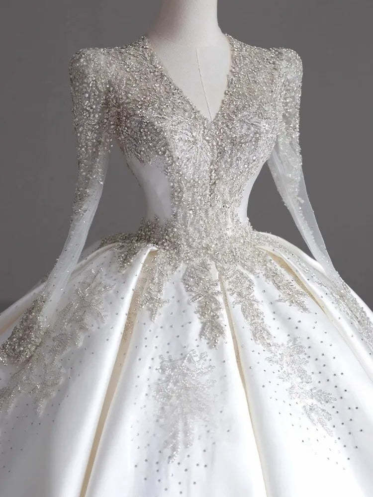 V-Neck Ball Gown with Long Sleeves and Jewel Appliques, Floor-Length Pleated Wedding Dress