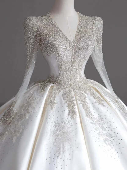 V-Neck Ball Gown with Long Sleeves and Jewel Appliques, Floor-Length Pleated Wedding Dress