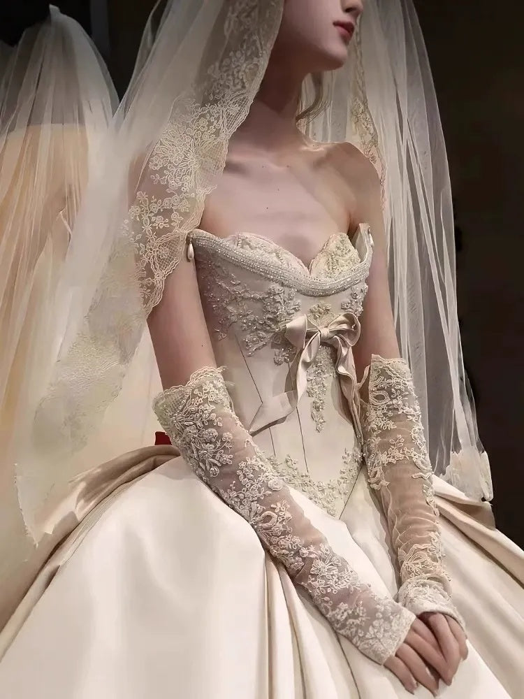 Off-The-Shoulder Pleated Ball Gown Wedding Dresses with Jewel Appliques, Bow & Detachable Sleeves