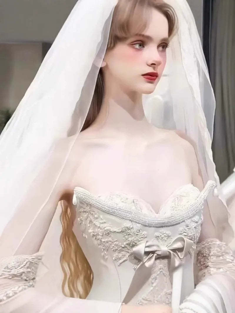 Off-The-Shoulder Pleated Ball Gown Wedding Dresses with Jewel Appliques, Bow & Detachable Sleeves