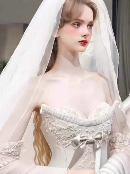 Off-The-Shoulder Pleated Ball Gown Wedding Dresses with Jewel Appliques, Bow & Detachable Sleeves