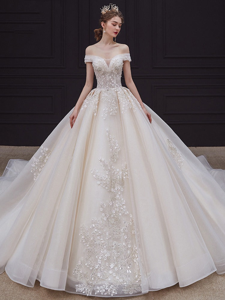 Off-The-Shoulder Pleated Ball Gown Wedding Dresses with Lace Appliques, Floor-Length