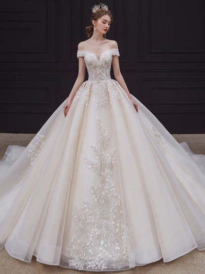 Off-The-Shoulder Pleated Ball Gown Wedding Dresses with Lace Appliques, Floor-Length