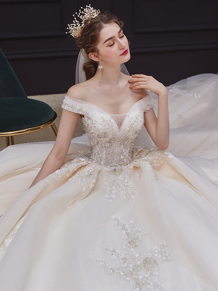 Off-The-Shoulder Pleated Ball Gown Wedding Dresses with Lace Appliques, Floor-Length