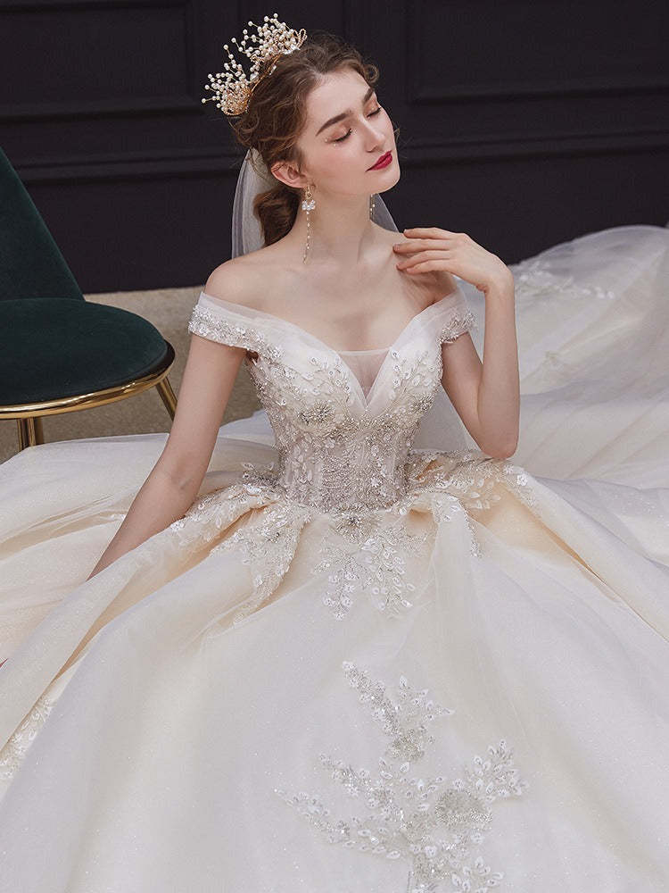 Off-The-Shoulder Pleated Ball Gown Wedding Dresses with Lace Appliques, Floor-Length
