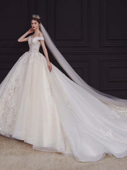 Off-The-Shoulder Pleated Ball Gown Wedding Dresses with Lace Appliques, Floor-Length