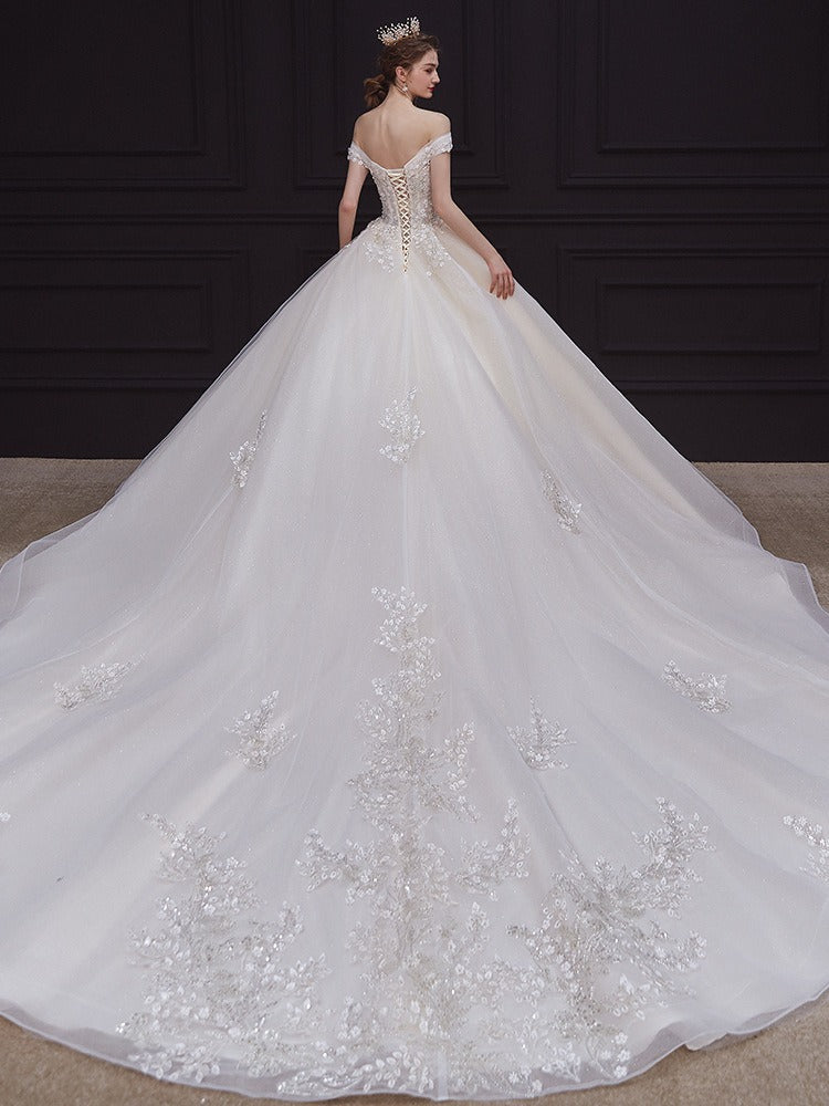 Off-The-Shoulder Pleated Ball Gown Wedding Dresses with Lace Appliques, Floor-Length