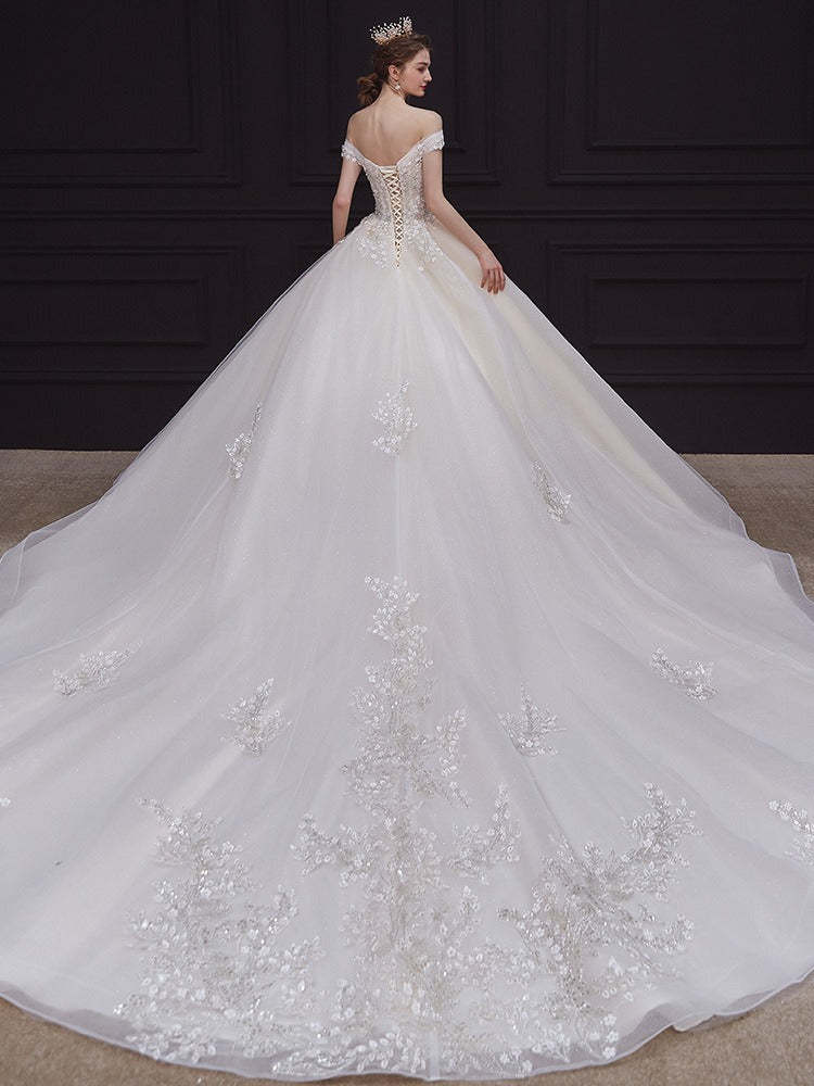 Off-The-Shoulder Pleated Ball Gown Wedding Dresses with Lace Appliques, Floor-Length