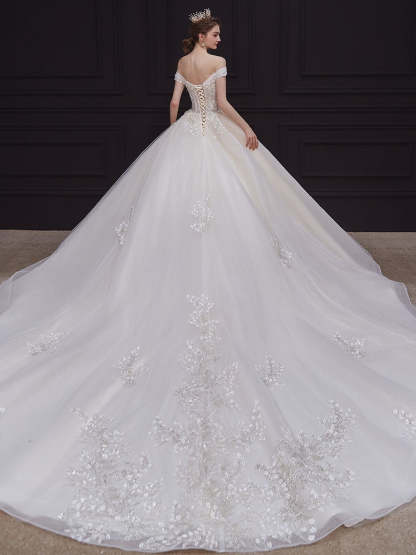 Off-The-Shoulder Pleated Ball Gown Wedding Dresses with Lace Appliques, Floor-Length