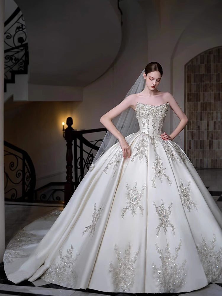 Off-The-Shoulder Ball Gown with Pleated Cathedral Train and Jewel Appliques