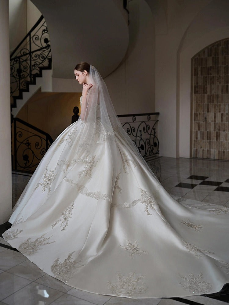 Off-The-Shoulder Ball Gown with Pleated Cathedral Train and Jewel Appliques