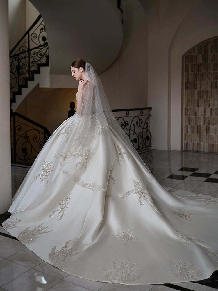 Off-The-Shoulder Ball Gown with Pleated Cathedral Train and Jewel Appliques
