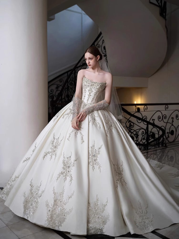 Off-The-Shoulder Ball Gown with Pleated Cathedral Train and Jewel Appliques