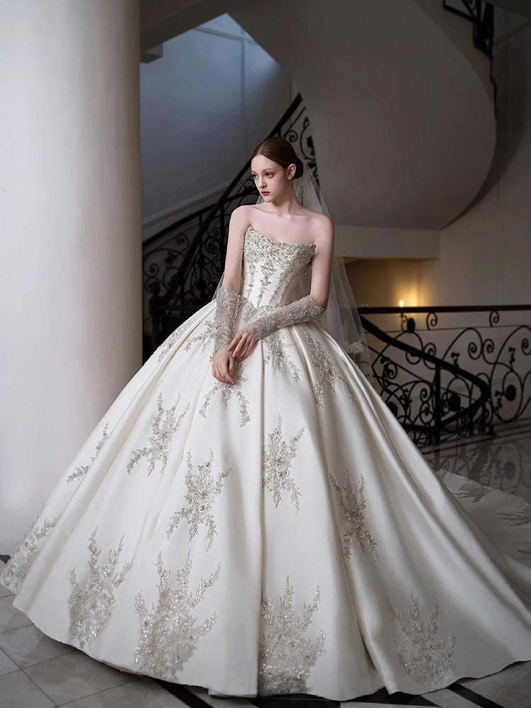 Off-The-Shoulder Ball Gown with Pleated Cathedral Train and Jewel Appliques