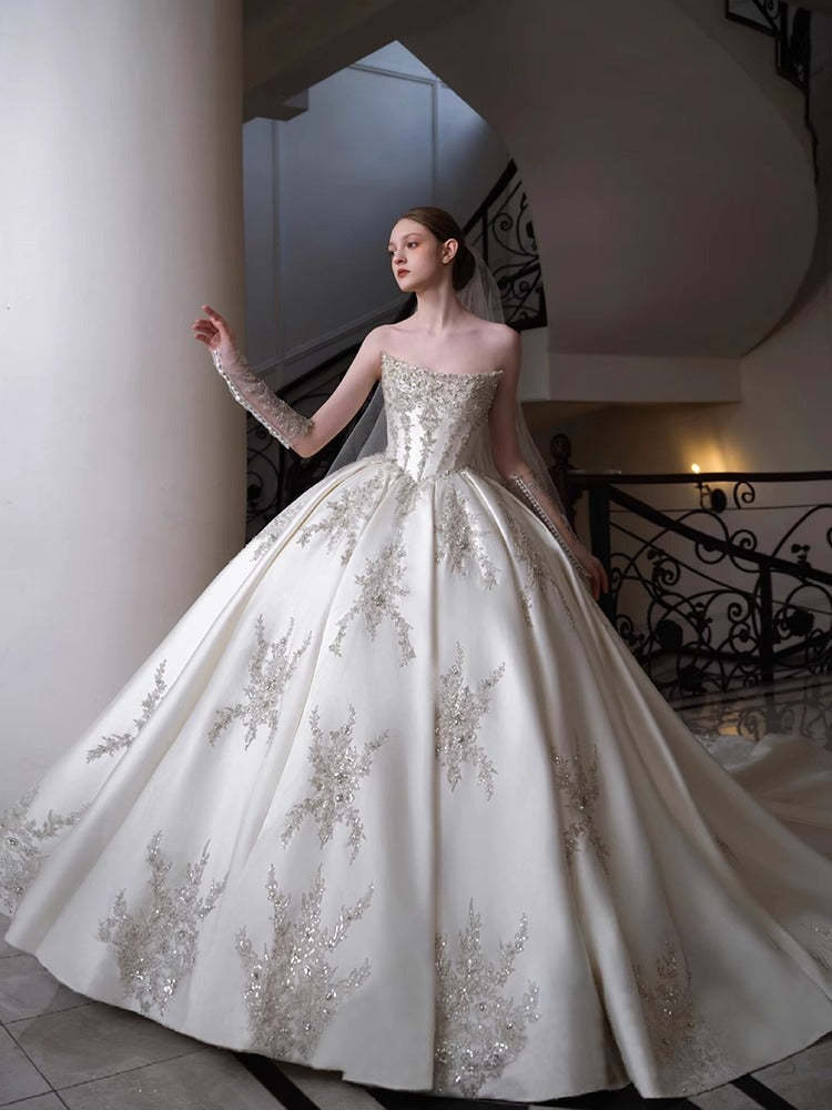 Off-The-Shoulder Ball Gown with Pleated Cathedral Train and Jewel Appliques