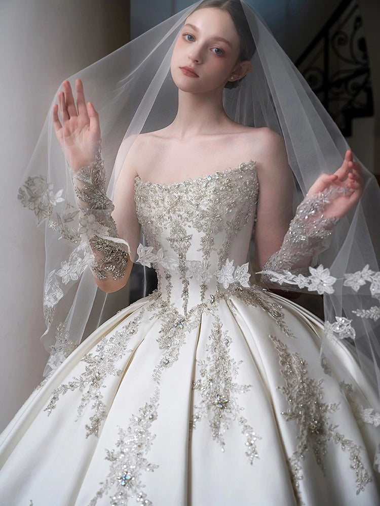 Off-The-Shoulder Ball Gown with Pleated Cathedral Train and Jewel Appliques