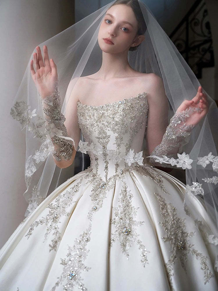 Off-The-Shoulder Ball Gown with Pleated Cathedral Train and Jewel Appliques