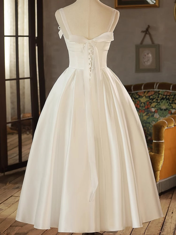 Princess A-Line Spaghetti Straps Tea-Length Pleated Wedding Dress with Bows & Lace-Up Back