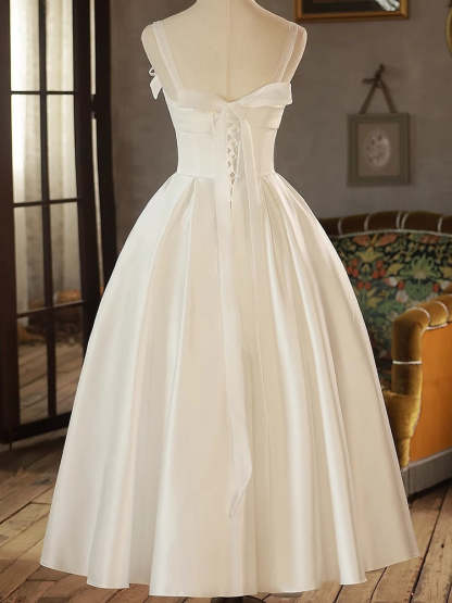 Princess A-Line Spaghetti Straps Tea-Length Pleated Wedding Dress with Bows & Lace-Up Back