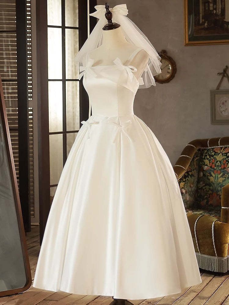 Princess A-Line Spaghetti Straps Tea-Length Pleated Wedding Dress with Bows & Lace-Up Back