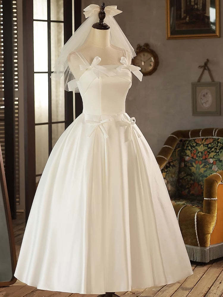 Princess A-Line Spaghetti Straps Tea-Length Pleated Wedding Dress with Bows & Lace-Up Back