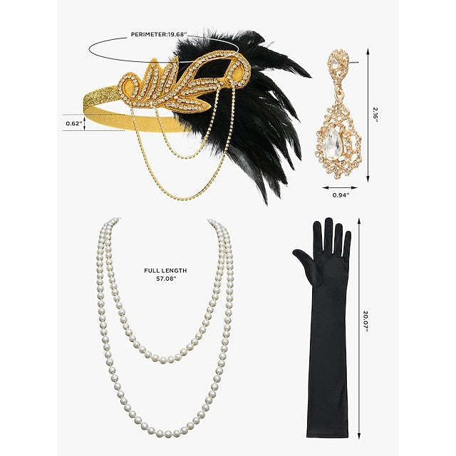 Women's Feather Headband Set with Faux Pearl Necklace Gloves and Earrings - 4 PCS