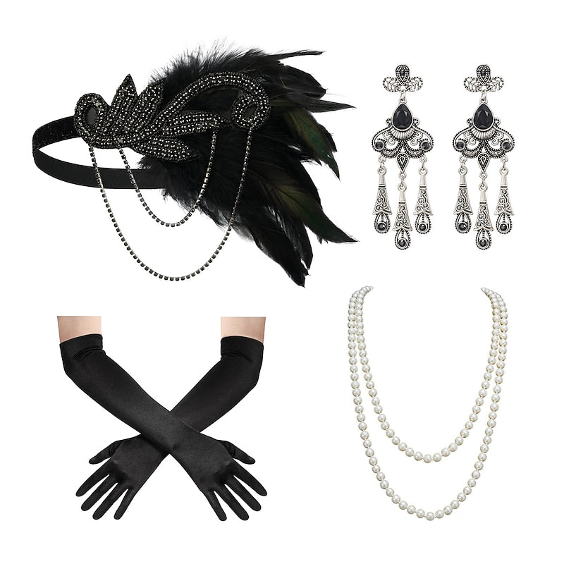Women's Feather Headband Set with Faux Pearl Necklace Gloves and Earrings - 4 PCS