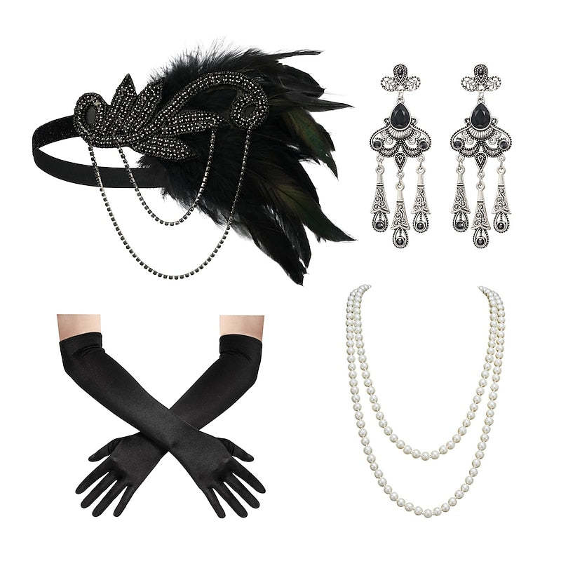 Women's Feather Headband Set with Faux Pearl Necklace Gloves and Earrings - 4 PCS