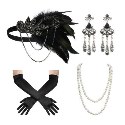 Women's Feather Headband Set with Faux Pearl Necklace Gloves and Earrings - 4 PCS