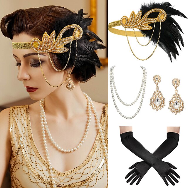 Women's Feather Headband Set with Faux Pearl Necklace Gloves and Earrings - 4 PCS