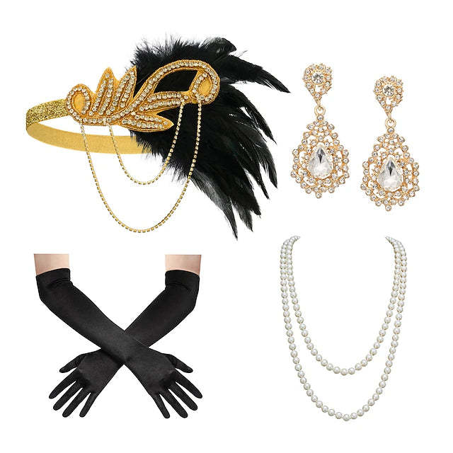 Women's Feather Headband Set with Faux Pearl Necklace Gloves and Earrings - 4 PCS