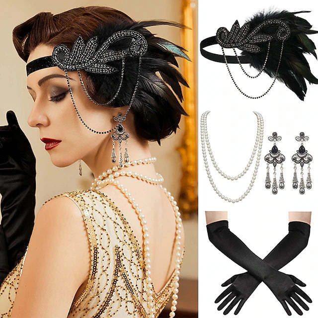 Women's Feather Headband Set with Faux Pearl Necklace Gloves and Earrings - 4 PCS
