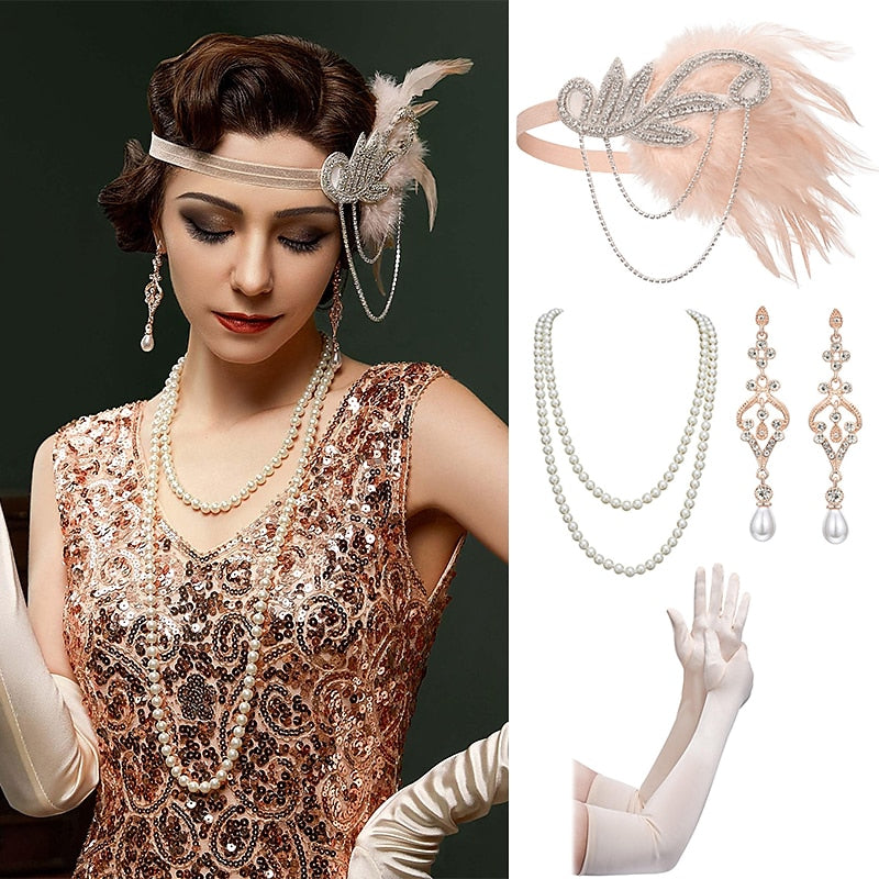 Women's Feather Headband Set with Faux Pearl Necklace Gloves and Earrings - 4 PCS