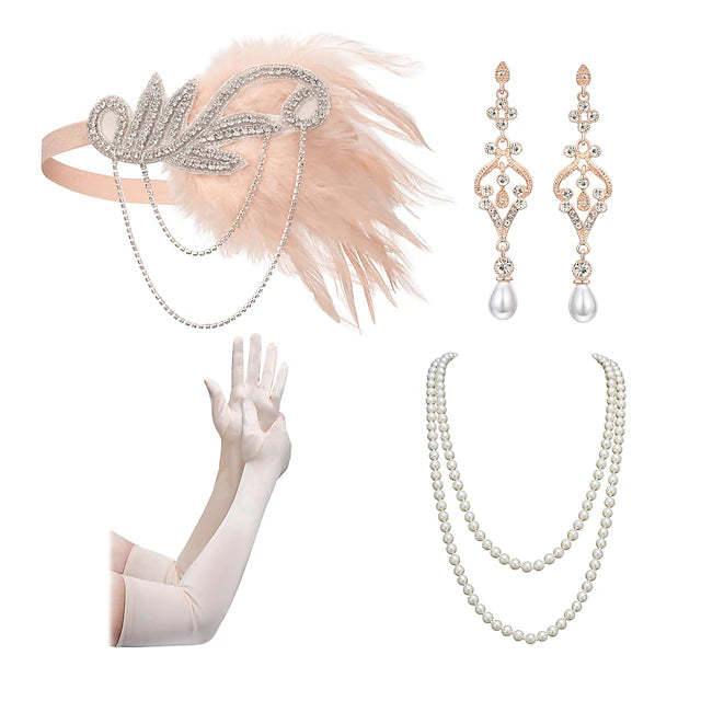 Women's Feather Headband Set with Faux Pearl Necklace Gloves and Earrings - 4 PCS
