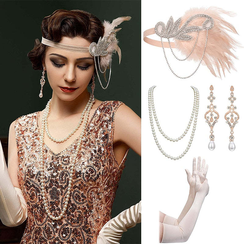 Women's Feather Headband Set with Faux Pearl Necklace Gloves and Earrings - 4 PCS
