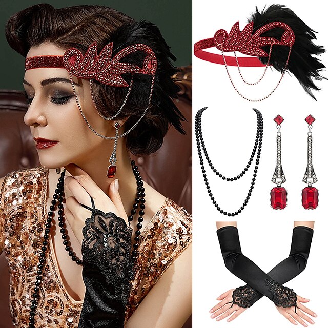 Women's Feather Headband Set with Faux Pearl Necklace Gloves and Earrings - 4 PCS
