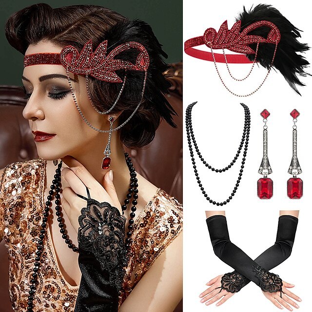 Women's Feather Headband Set with Faux Pearl Necklace Gloves and Earrings - 4 PCS
