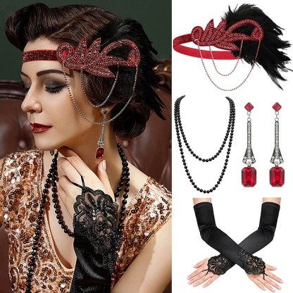 Women's Feather Headband Set with Faux Pearl Necklace Gloves and Earrings - 4 PCS