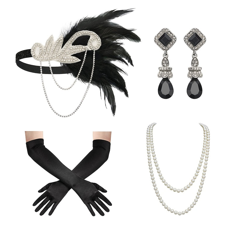 Women's Feather Headband Set with Faux Pearl Necklace Gloves and Earrings - 4 PCS