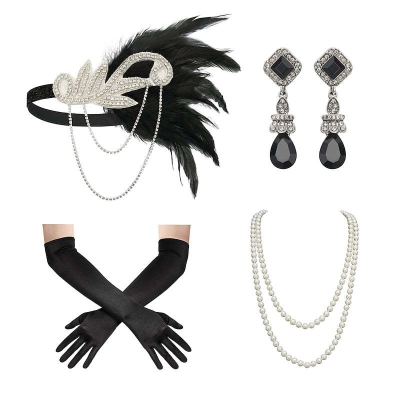 Women's Feather Headband Set with Faux Pearl Necklace Gloves and Earrings - 4 PCS