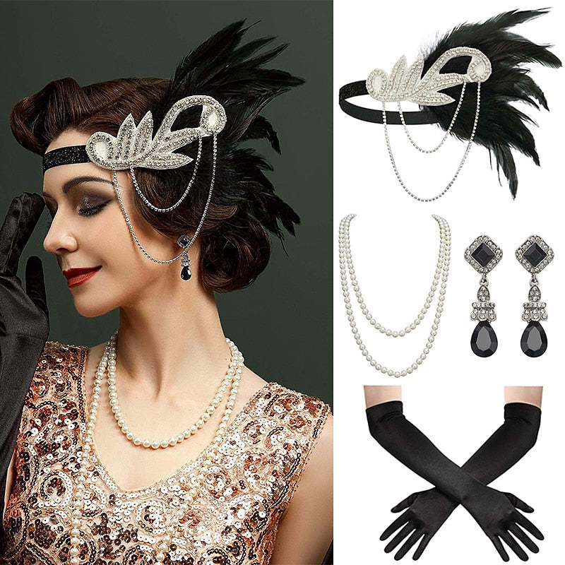 Women's Feather Headband Set with Faux Pearl Necklace Gloves and Earrings - 4 PCS